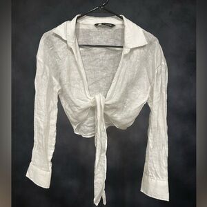 Zara White 100% Linen Tie-Up Blouse
